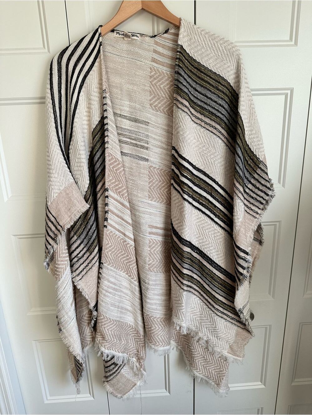Michael Stars Striped Open Front Kimono Cardigan Wrap Poncho Boho Neutral One Sz